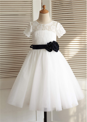 Ivory Lace Tulle Heart Hole Back Knee Length Flower Girl Dress 